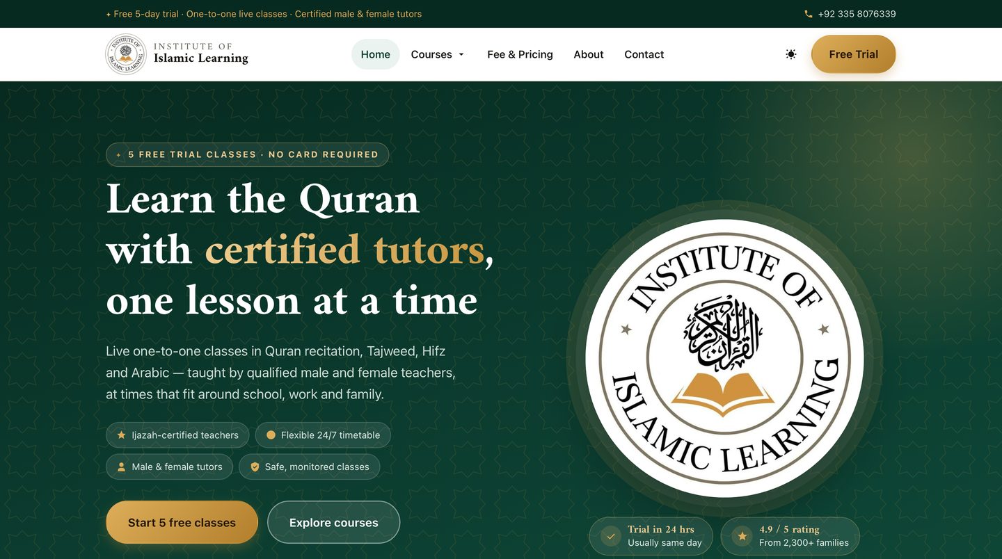 Institute of Islamic Learning website — learn the Quran with certified tutors, one lesson at a time