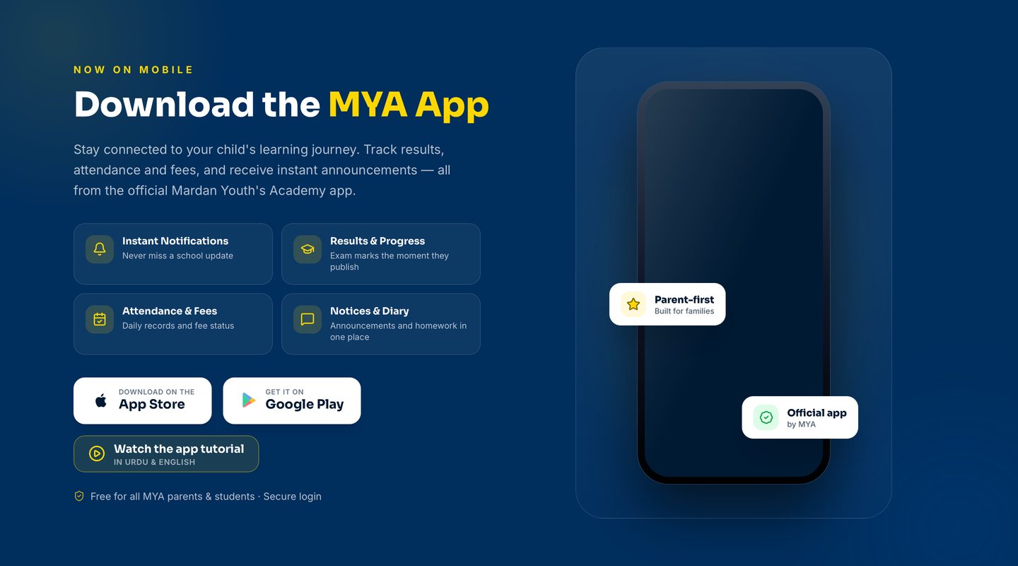 The MYA App — instant notifications, results and progress, attendance and fees, notices and diary, on the App Store and Google Play